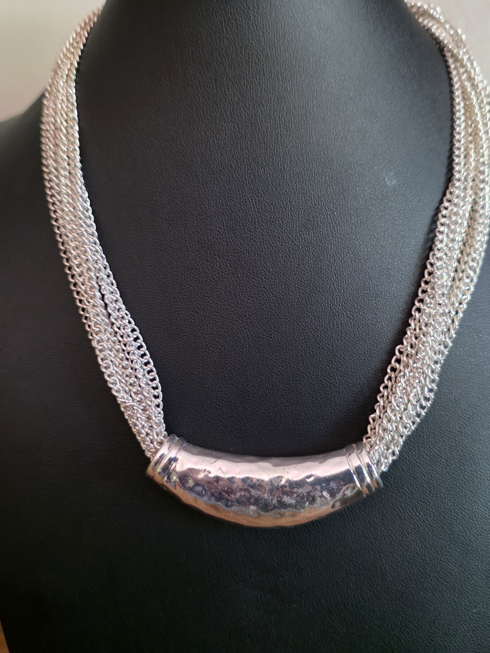 Multi-Strand Chain, Hammered Tube Centerpiece, Silver-Tone,  Collar Necklace.